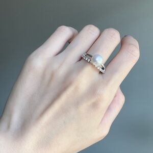 Adjustable Brass Ring with Freshwater Pearl & CZ Accent Band